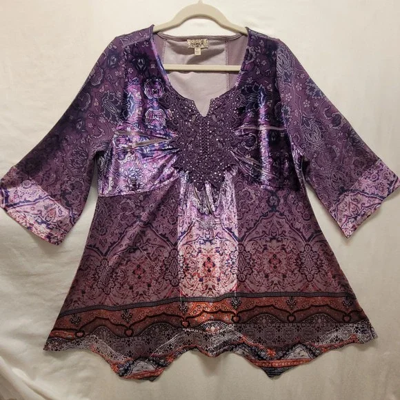 One World Violet Charming Art Purple Paisley Lace Embellished Tunic Top XL - Picture 15 of 15